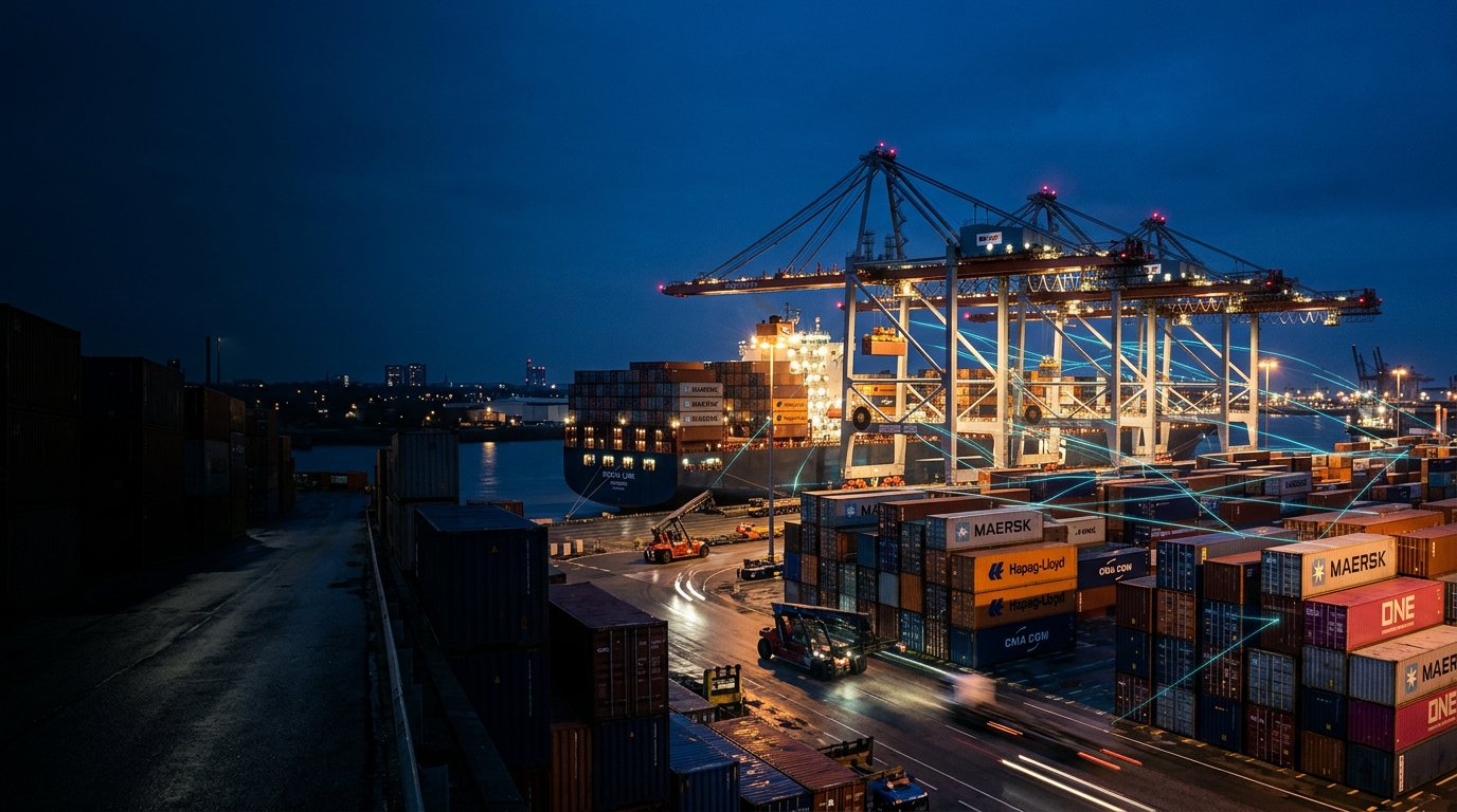 Container port at dusk — the freight environment Cybex is built for